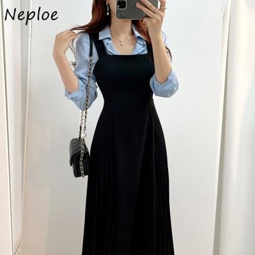 Neploe Retro Spaghetti Strap Dress Women Korea Chic Summer Square Collar Long Robe Temperament Waist Vestido De Mujer