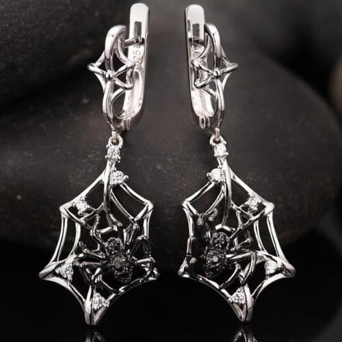 ZHIXUN 2019 Personality Steampunk Fashion New Black Spider Drop Earrings Silver Color Long Ear Clip Female Gift Jewelry W5T417