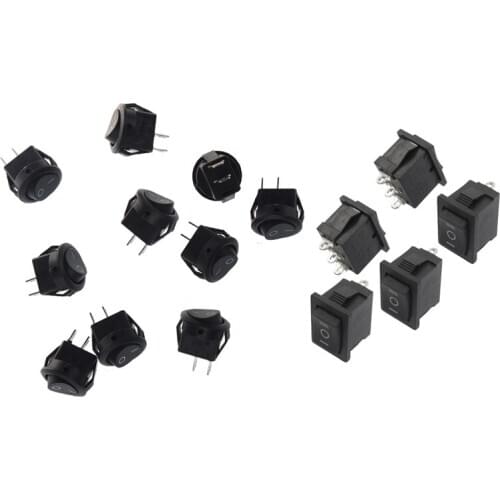 10Pcsx AC 3A/250V 6A/125V ON-OFF I/O SPST 2 Pin Snap in Round Boat Rocker Switch & 5 Pcs SPDT On/Off/On Mini Black 3 Pin Rocker