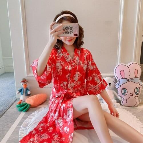 2021 Summer Silk Satin Short Sleeve Kimono Robes for Women Chinese Print Bathrobe Sleepwear Homewear Night Dress Nighty Clothes