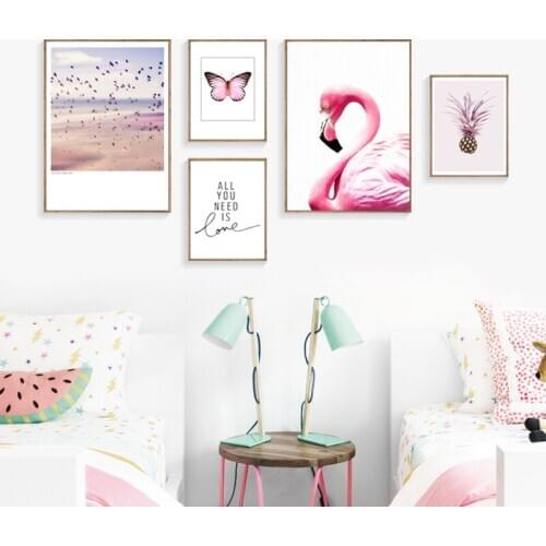 Abstract Scenery Animal Bird Pink Butterfly Fruit Pineapple English Word Canvas Painting Wall Picture Printing Poster Room Decor