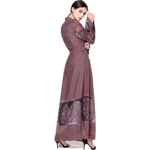 BianFeng Womens Muslim Fashion Embroidered Abaya Ladies Floral Print Mesh Cardigan Long Sleeve Solid Robe Dress