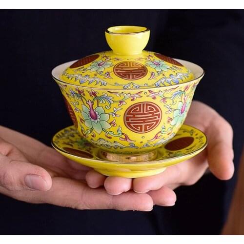 Color Enamel Craft Porcelain Gaiwan Ceramic Cup Bowl Tea Tureen Brewer Service Covered Bowls With Cup Saucer Lid