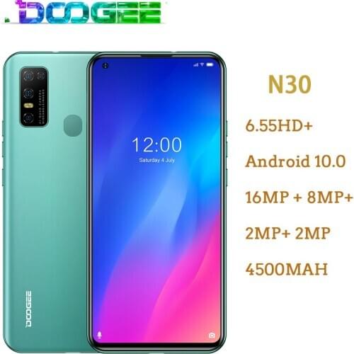 Doogee N30 Android 10 Mobile Phone 6.55" HD+ Screen Smartphone 4180mAh 16MP Quad Rear Cameras Full Netcom MT6762V 4GB 128GB