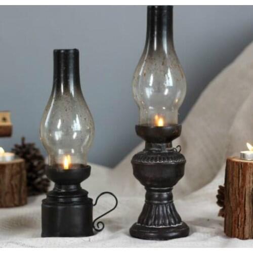Retro Style Creative Resin Kerosene Lamp Handicraft Exquisite Cabinet Desktop Glass Cover Decoration Candlestick YHJ102504