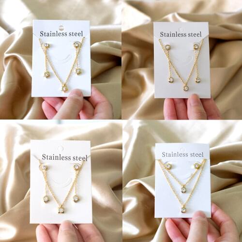 Round Cubic Zirconia Pendant and Drop Earrings 316L stainless Steel Jewelry Set for Women Girl Fahion Jewelry Daily Wear Gift