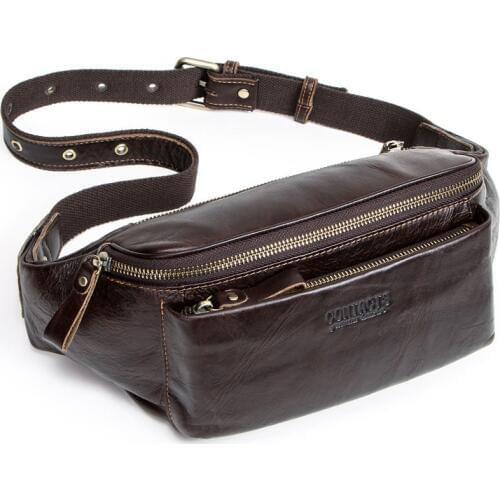 CONTACTS Genuine Leather Mens Waist Bag Vintage Travel Waist Fanny Pack with Card Holder Sling Chest Male Beltbag Pouch Bum Bag