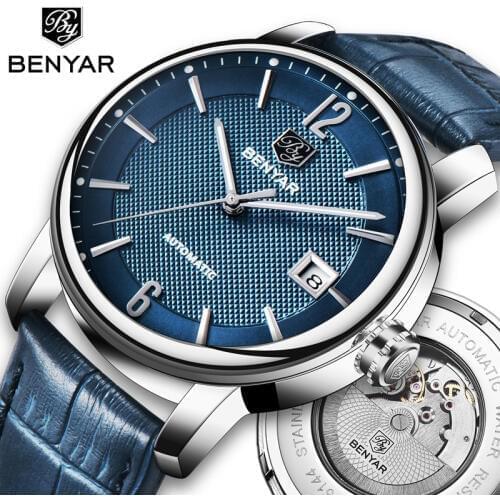 BENYAR 2020 New Fashion Top Luxury Brand Leather Watch Automatic Men Wristwatch Men Mechanical Steel Watches Relogio Masculino