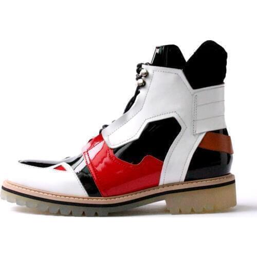 New Designer High Top Mens Casual High Street Fashion Ankle Boots Runway Genuine Leather Med Heels Punk Mixed Color Shoes