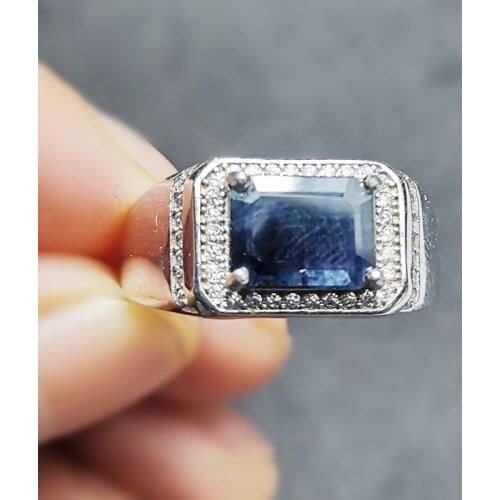 Men ring Natural real black sapphire rectangle rings 925 sterling silver 7*9mm 2.5ct gemstone Per jewelry Fine jewelry X21597