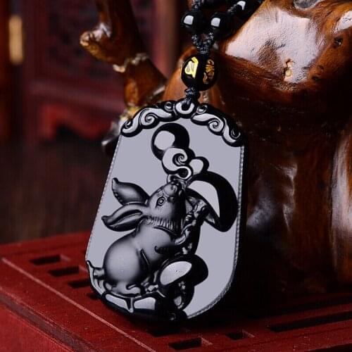 Natural Black Obsidian Beads Necklace Hand-Carved Zodiac Rabbit Jade Pendant Charm Jewelry for Man Women Auspicious Amulet Gifts