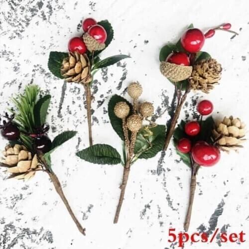 5pcs/set Christmas Red Berry Pine Cone Branches for Holiday Decoration Greeting Card Accessories Artificial Plants