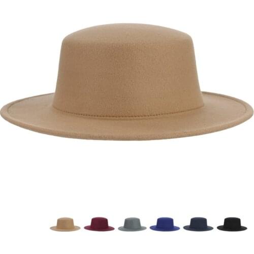 Fashion Boater Flat Top Hats For Women Men Felt Wide Brim Fedora Hat Black Panama Jazz Cap Lady Elegant Bowler