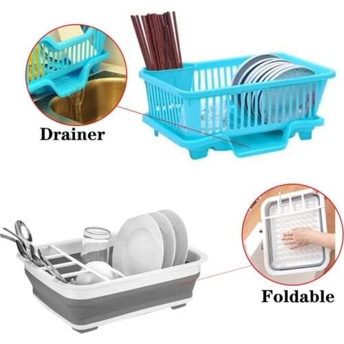 Foldable Dish Rack Kitchen Dish Drainer Holder Rack Shelf Storage Rack Tableware Drainer Basket Sink Drying Organizer with Tray