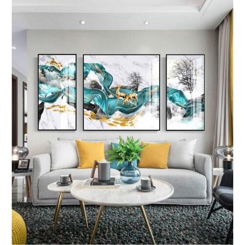 Modern simplicity Abstract Chinese style Golden deer and Blue damask and the Golden Sun porch Living Room Decoration Canvas Art