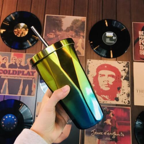 Stainless Steel Coffee Tumbler With Straw Hot Cold Double Wall Drinking Mug Cup Coffee Travel Mug 16oz/473 ML Irregular with Lid