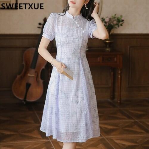 SWEETXUE Women Summer Elegant Fashion Embroidered Cheongsam Improved Vintage Dresses Female 2021 Chic Robe Mujer