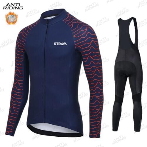 STRAVA Cycling Jersey Mens 2020 Pro Team Winter Thermal Fleece Long Sleeve Set MTB Bicycle Clothing Maillot Ropa Ciclismo Hombre