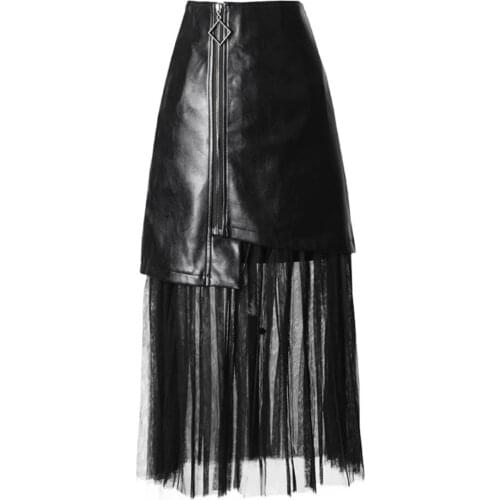 Dark punk style spring autumn women high waist PU leather skirt mesh stitching irregular leather skirt