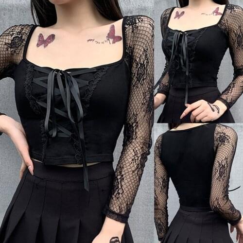 Goth T-shirts For Womens Sexy Gothic Retro Elegant Black Lace Long Sleeve Hollow Top Shirt Gothic Clothes Футболка Женская @40