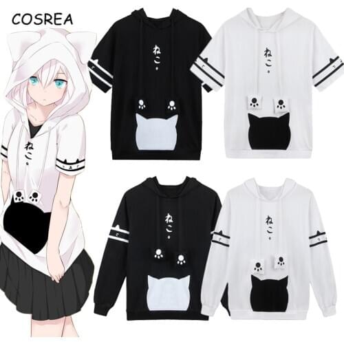 Anime Neko Atsume Cosplay Hoodies Sweatshirts Women 3D Print Harajuku Hooded Pullover T-shirt Girls Kawaii Short Sleeve