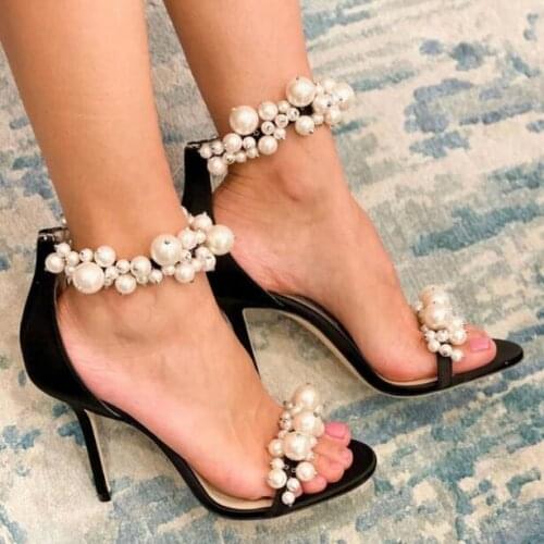Drop Shipping Sexy Woman Black Pink White Pearl Decor Summer Sandal 6/8/10 cm Stiletto Heels Zipper Back Bride Wedding Shoes