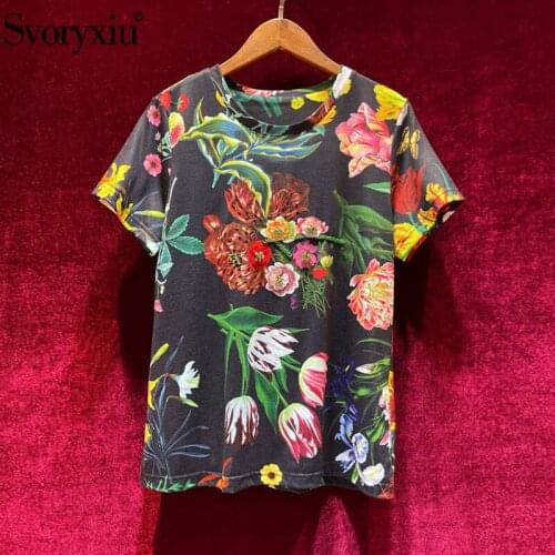 Svoryxiu Vintage Black Flower Print Summer Designer Tops Tees Womens Fashion Short Sleeve Crystal Beading T Shirts