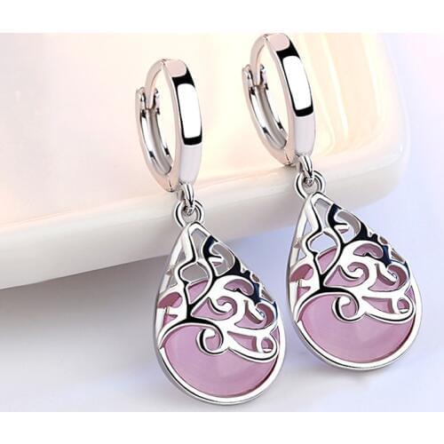 Luxury Silver Color Pink Moonlight Opal Tears Totem Dangle Drop Earrings for Women Gift oorbellen boucle d'oreille