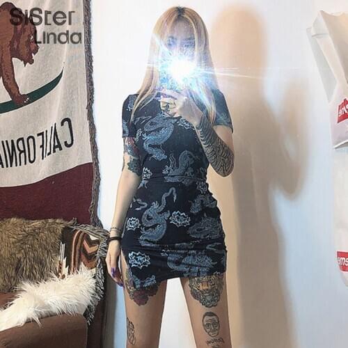 Sisterlinda Fashion Dragon Print Bodycon Mini Dress Women Short Sleeve Hollow Out Cheongsam Dresses 2020 Vestidos Dress Mujer