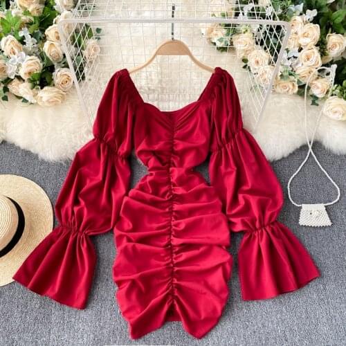 2021 New Temperament Fashion Spring Vestidos Female Bubble Trumpet Sleeve Pleated V-neck Slim Mini Hip Dress
