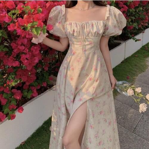 Floral Print Puff Short Sleeve Women Dress High Split Party Long Dresses Elegant Lace Up Sweet Summer Club Sexy Dress 223C