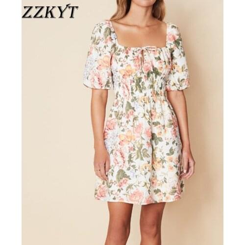 ZZKYT 2021 Women Summer Vintage Floral Print Mini Dress Fashion Square Collar Puff Sleeve Elastic Waist Party Female Dresses