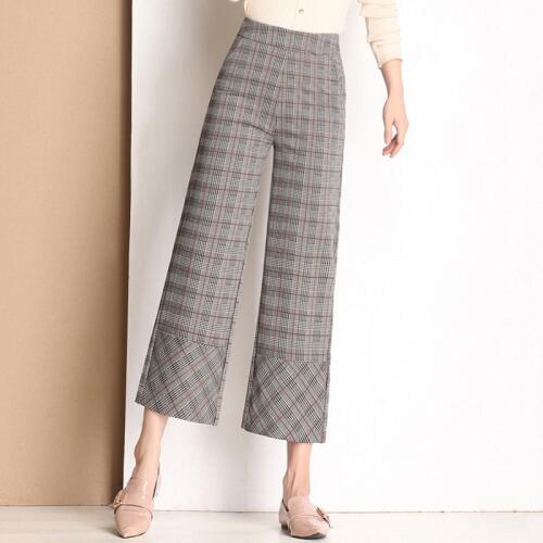 2018 Women Casual High Waist Wide leg pants Female Office casual pants Lady Straight trousers Bottoms Spring Plaid Basic Pants