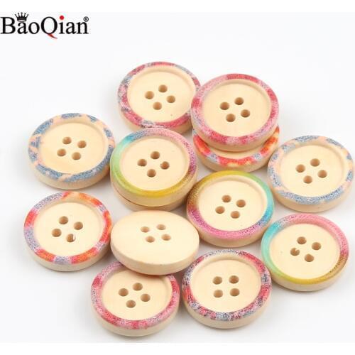 50Pcs 20mm Mixed Rainbow Pattern Wooden Buttons 4 Hole Round Sewing Buttons For Clothing Scrapbooking Decoration