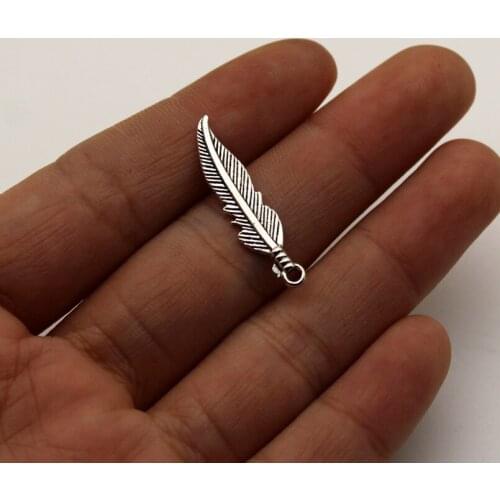 50pcs Wholesale Price Double Side Feather Charms 7*27mm Antique Silver Pendant For Handmade Jewelry Accessories