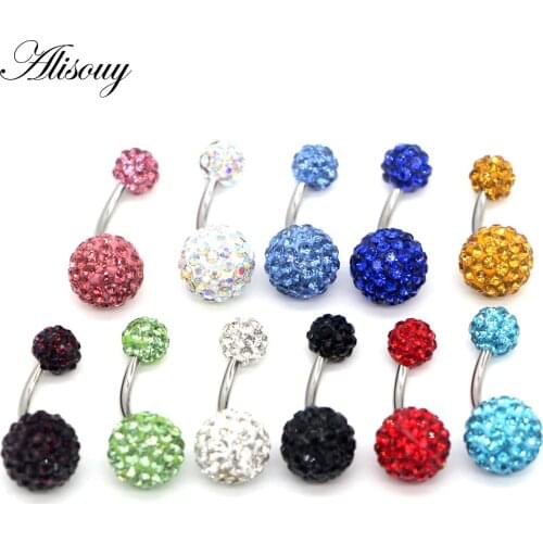Alisouy 1PCS Crystal Rhinestone Woman Navel Belly Button Ring Surgical Steel Real Belly Piercing Navel Ringen Bar Body Jewelry