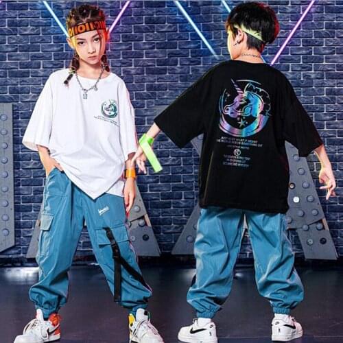 Kids Hip Hop Clothing Loose T Shirt Tops Streetwear Tactical Cargo Trousers Pants for Girls Boys Halloween Dance Costume Clothes