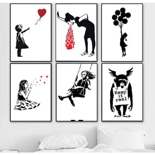 Banksy Graffiti Art Collection Canvas Paintings Girl with Red Balloon Black White Posters and Prints Wall Art Picture Home Decor
