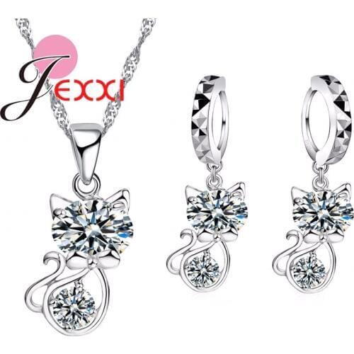 Woman Cut Cat Fashion Wedding Party Jewelry Set Clear Austrian Crystal 925 Sterling Silver Necklace Earrings Sets