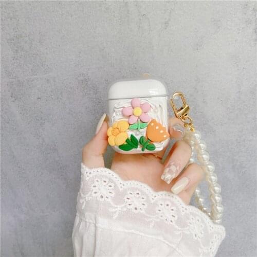 Korean 3D Flower Clear Protective Pearl Bracelet Keychain Earphone Case for Apple Airpods 2 1 Airpods Pro Wireless Headset Cover