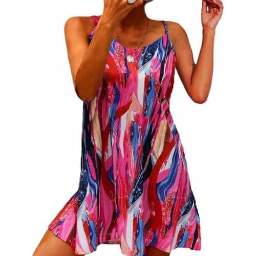 Summer Dresses Women Casual Sleeveless Tie dye Print Beach Dress Loose Spaghetti Strap O-neck Mini Dress Ladies Sling Dresses