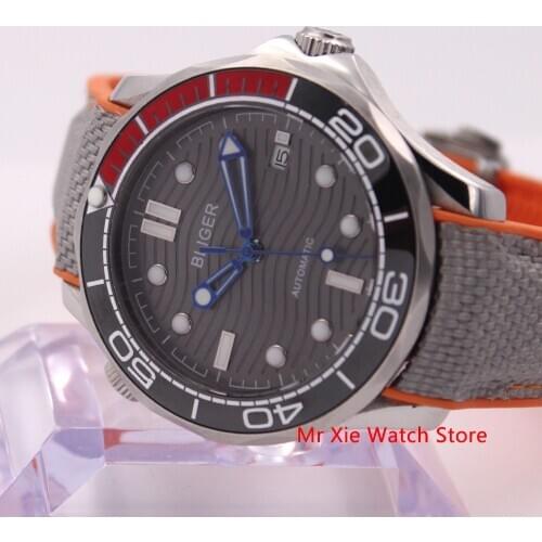 Bliger 41mm Automatic Mechanical Mens Watch Luxury Brand Rubber Strap Luminous Waterproof Military Calendar Clock Wristwatch Men
