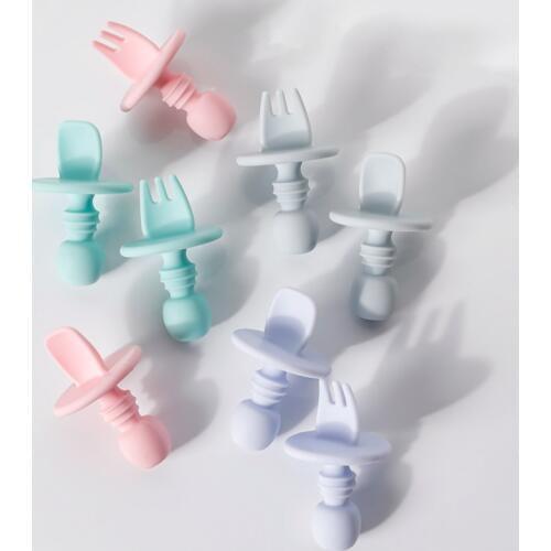 1/2pcs Silicone Tableware Baby Dishes Set Spoon With Fork Bending Baby Products Safe Dishes Soft Smooth Kids Feeding Tableware