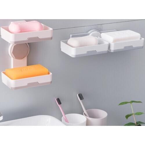 Bathroom Suction Cup Soap Dishes Plastic Holders Wall-mounted Double-deck Creative Drainage Soap Storage Double Spin Soap Racks