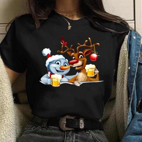 New Funny Santa Claus Merry Christmas T-shirts Cute Reindeer T Shirt Women Fashion Xmas Gift Harajuku Short Sleeve T-shirt Tops