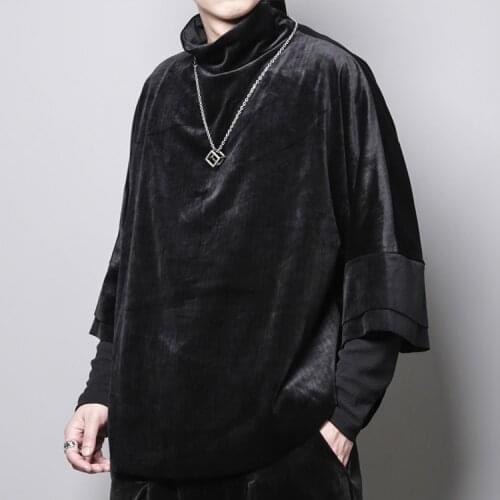 Autumn dark design sense velvet surface loose personality cloak three-quarter sleeves stand collar high collar T-shirt m