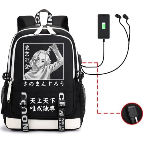 Tokyo Revengers USB Charging Backpack Travel Headphone Cartoon Casual Laptop Bag Canvas Teenager Zip Schoolbag Student Packsack