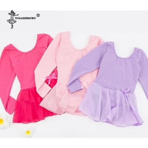 Girls Skirted Leotard Ballet Dance Costume Ballerina Dress Long Sleeve&Short Sleeve Cotton Front Lined With Bow Tie Decorated