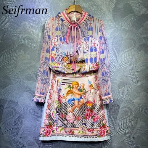 Seifrmann Women Summer Fashion Designer Skirt Set Long Sleeve Loose Patchwork Tops+A-Line Jacquard Skirts 2 Two Pieces Suits