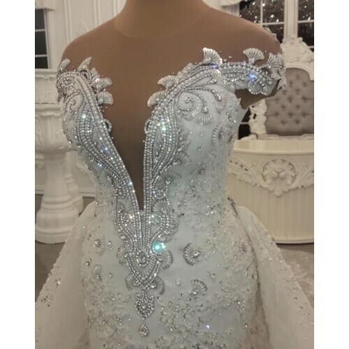 Modern Mermaid Wedding Dresses with Detachable Skirt Shining Crystals Beads Appliques Sheer Neck Long Bridal Gowns 2020 New